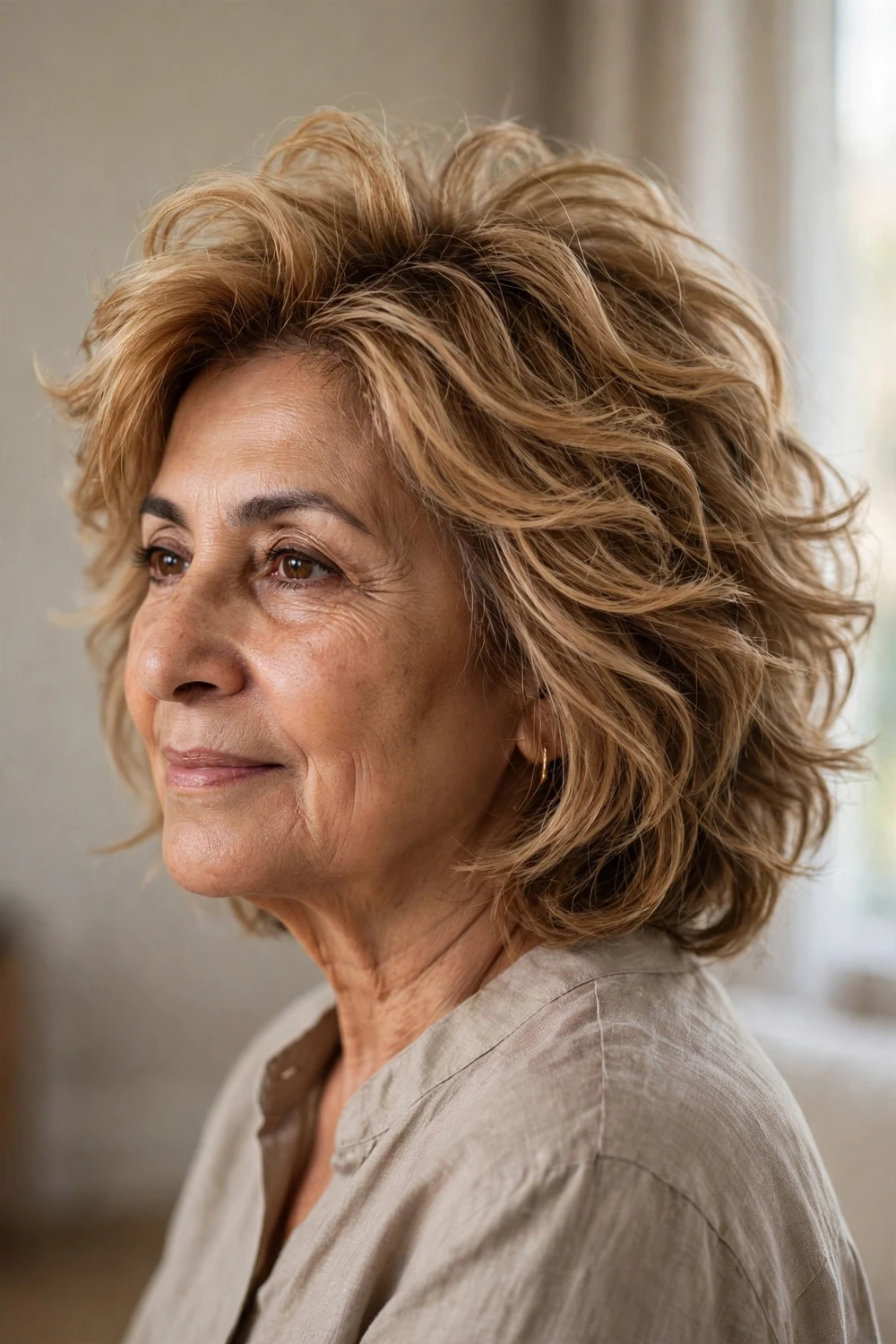 Tousled bob with graduated layers and crown fullness on a woman over 60