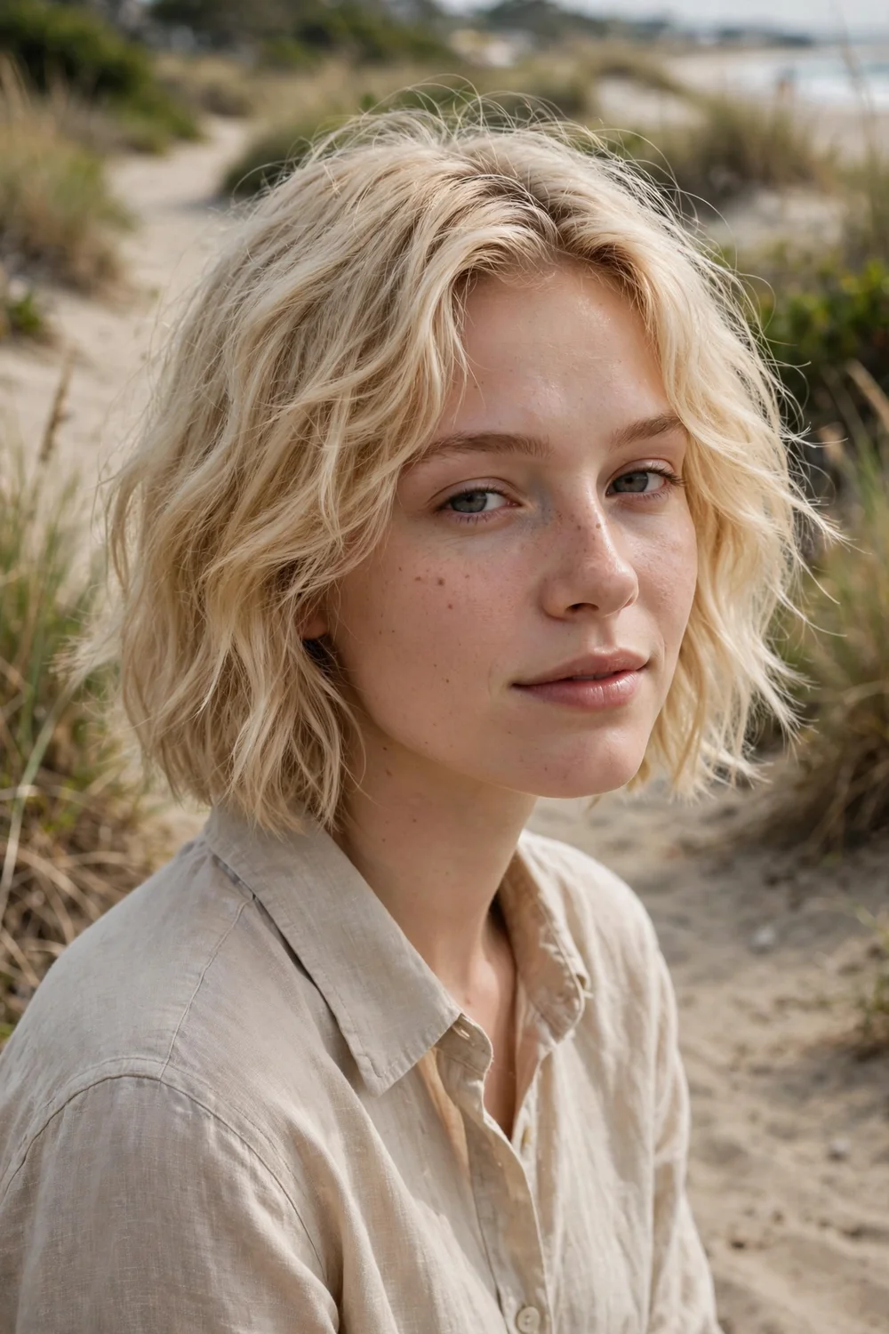 Woman with a tousled bob showing natural texture on thin hair