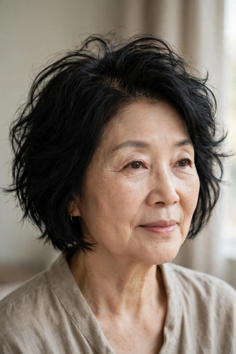 Tousled bob with lifted roots on a woman over 60 with fine dark hair