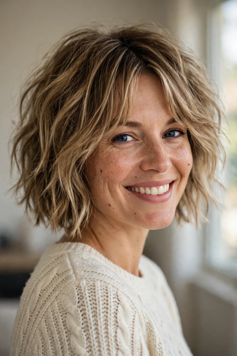 Tousled bronde choppy bob with curtain bangs on a woman