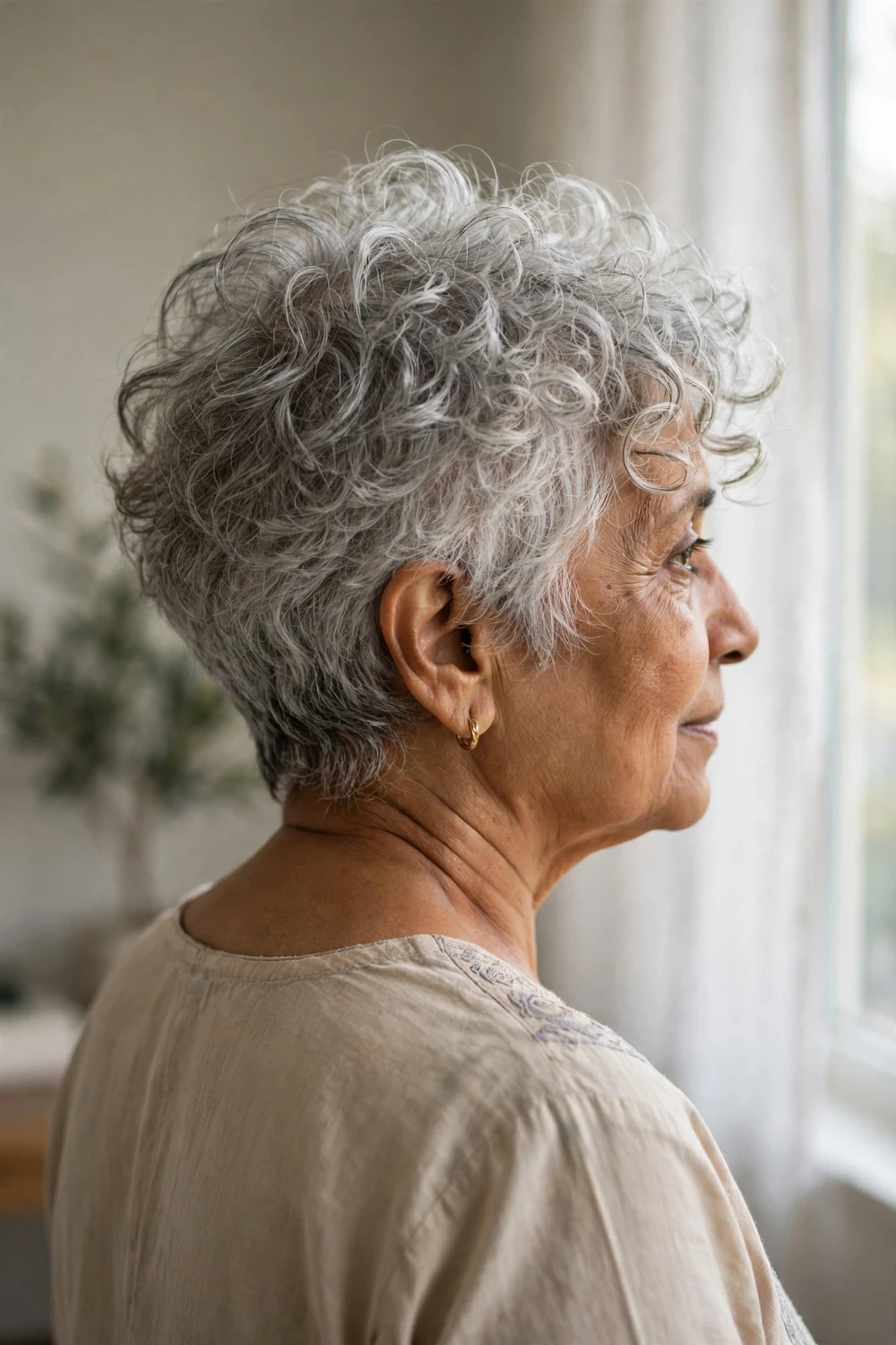 Older woman with a tousled curly pixie, soft height and piecey ringlets at the crown