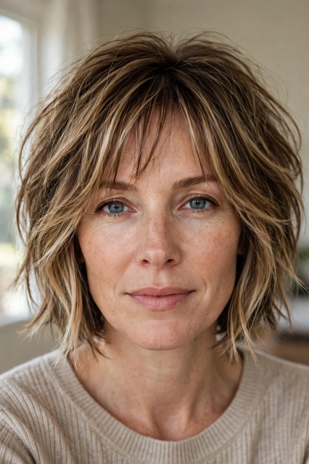 Tousled stacked bob with face-framing layers and highlights