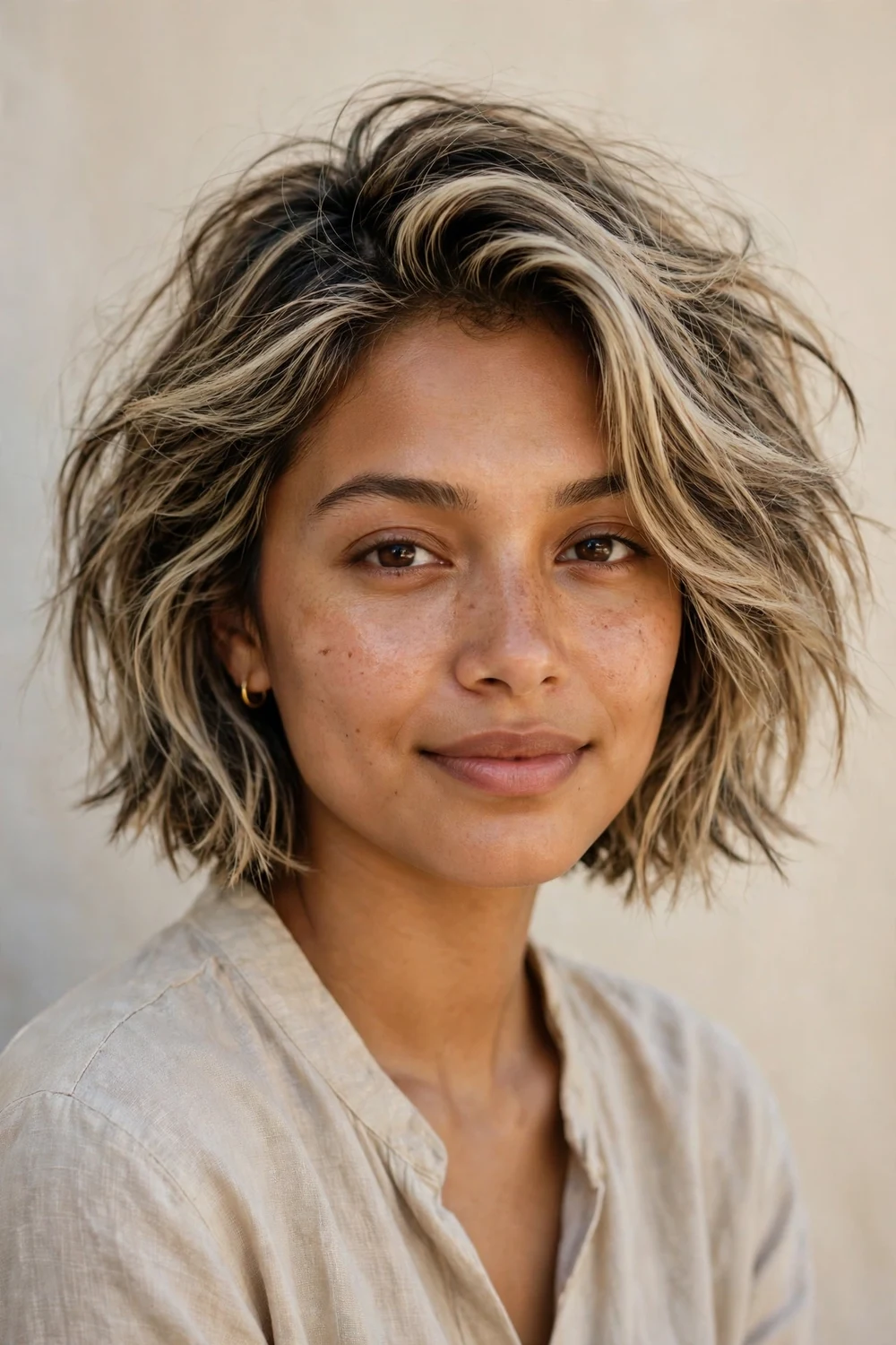 Woman with a tousled french bob, piecey undone finish