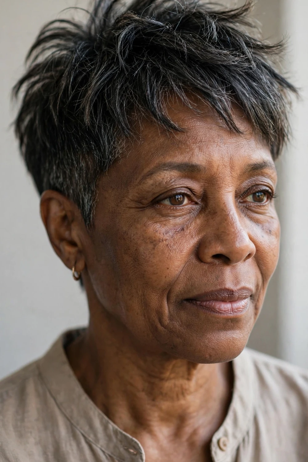 Woman in her 50s with a tousled layered crop haircut with texture for thin hair