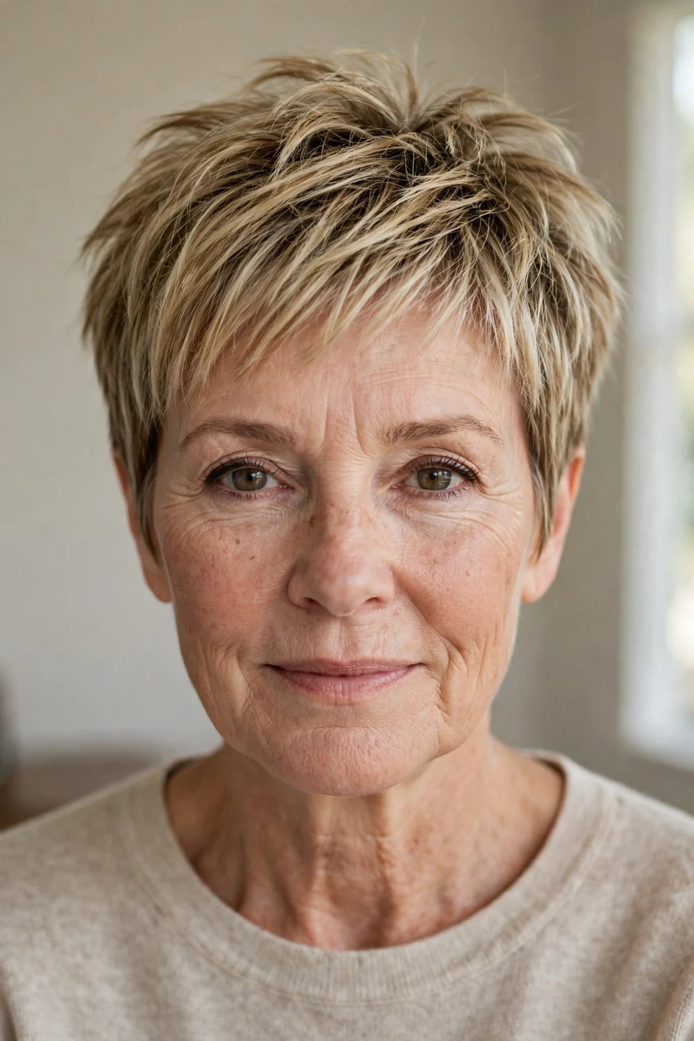 Woman over 50 with a tousled layered pixie cut