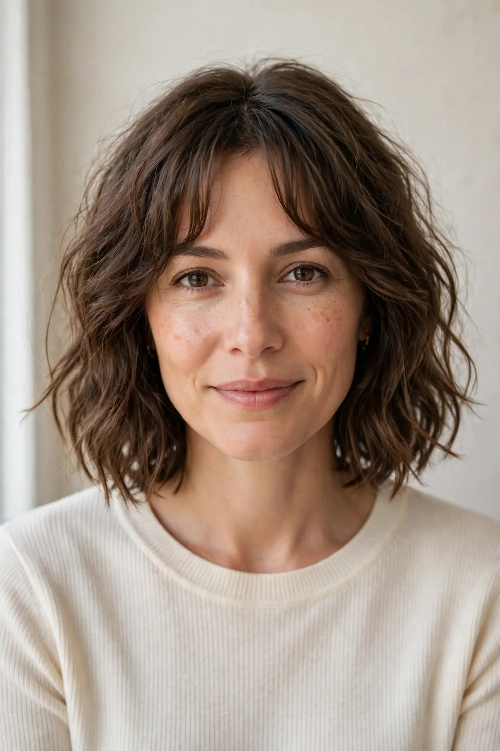Tousled messy long bob with curtain bangs