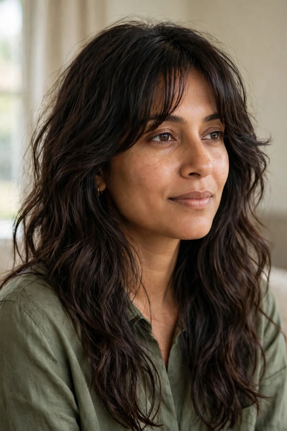 Tousled long layers for wavy hair with curtain bangs on fine hair