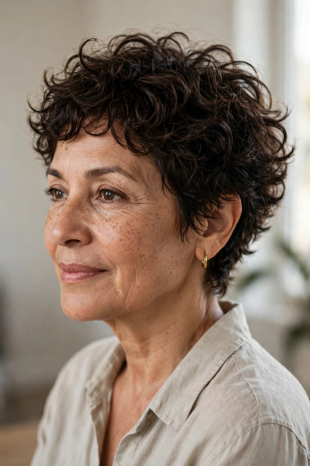 Woman over 50 with a tousled textured curly pixie, loose casual curls with movement