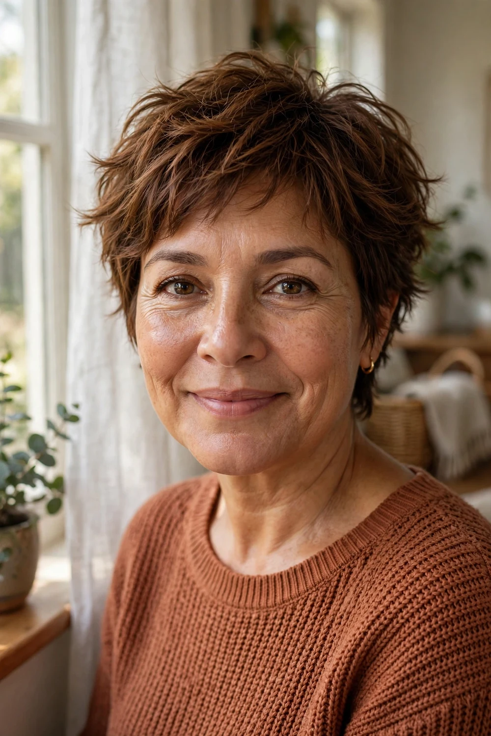 Woman over 50 with tousled textured chestnut pixie for fine hair