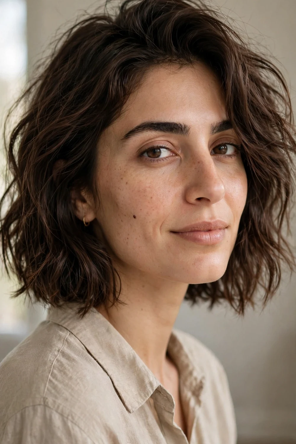 Tousled undone wavy bob with messy natural texture on chocolate brown hair, front three-quarter view