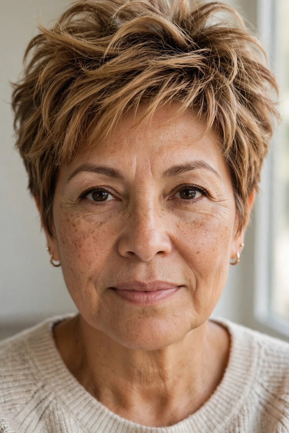 Front view of a tousled volume pixie on a woman over 50 with thin caramel blonde hair