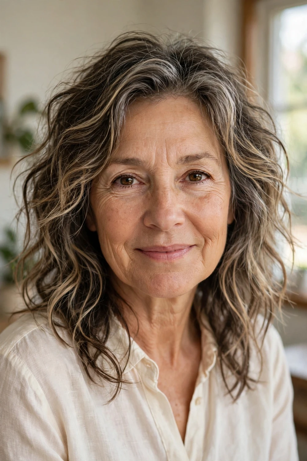 Woman in her early 60s with tousled wavy layers in gray-streaked dark blonde hair