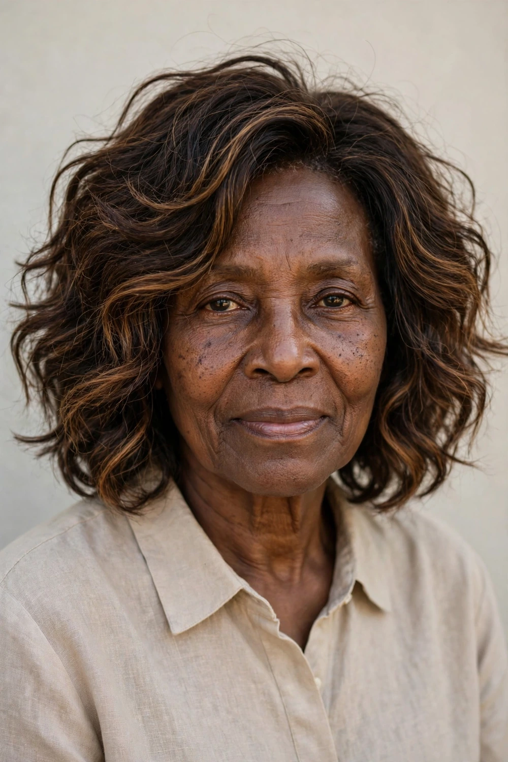 Woman in her early 70s with tousled wavy lob, balayage and face-framing layers, side view
