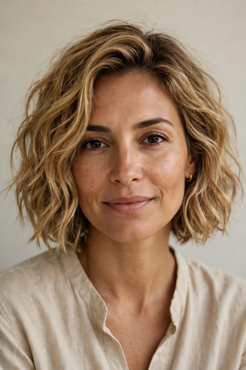 Woman with a tousled wavy textured bob, undone waves