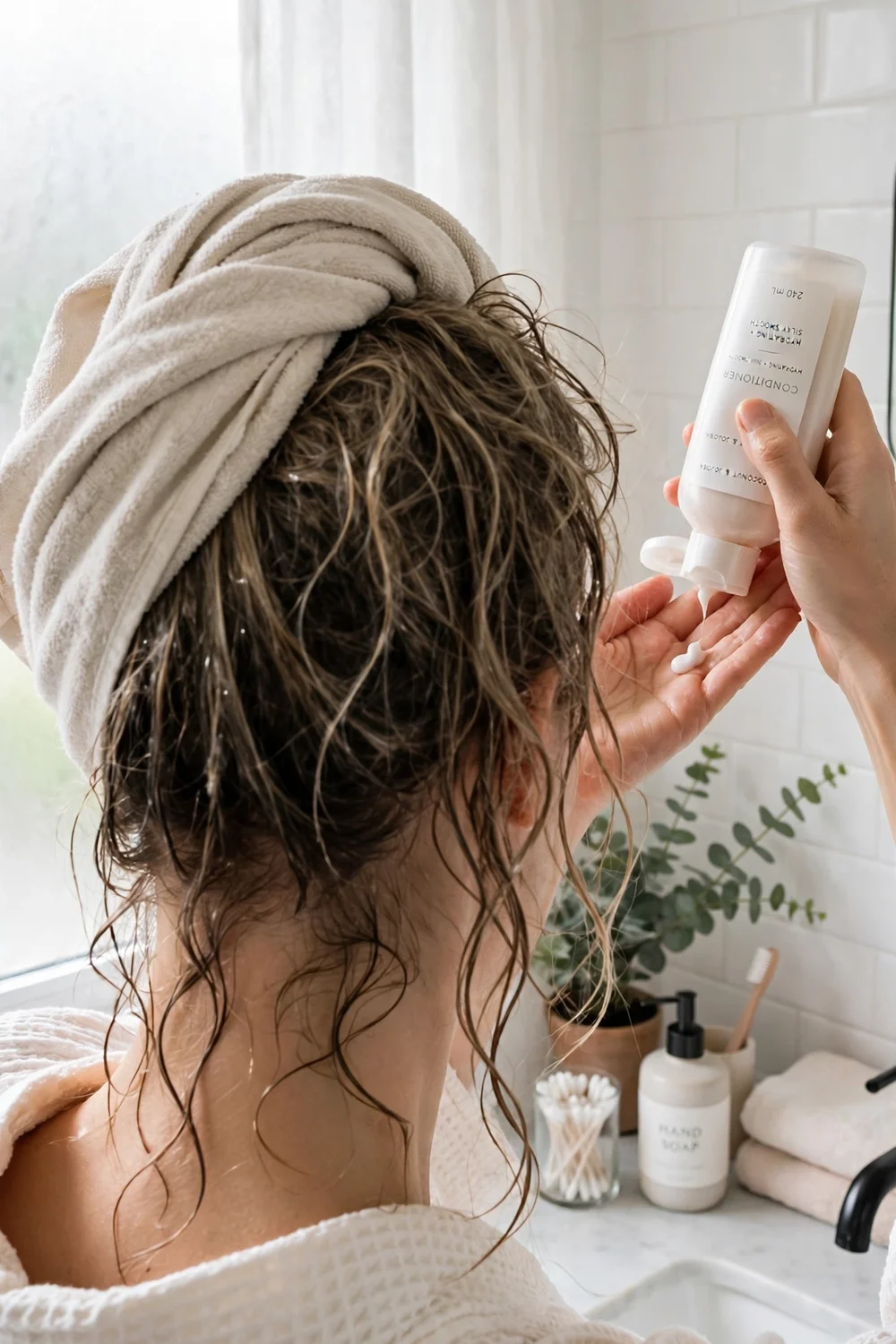 Towel-dried damp hair before applying conditioner