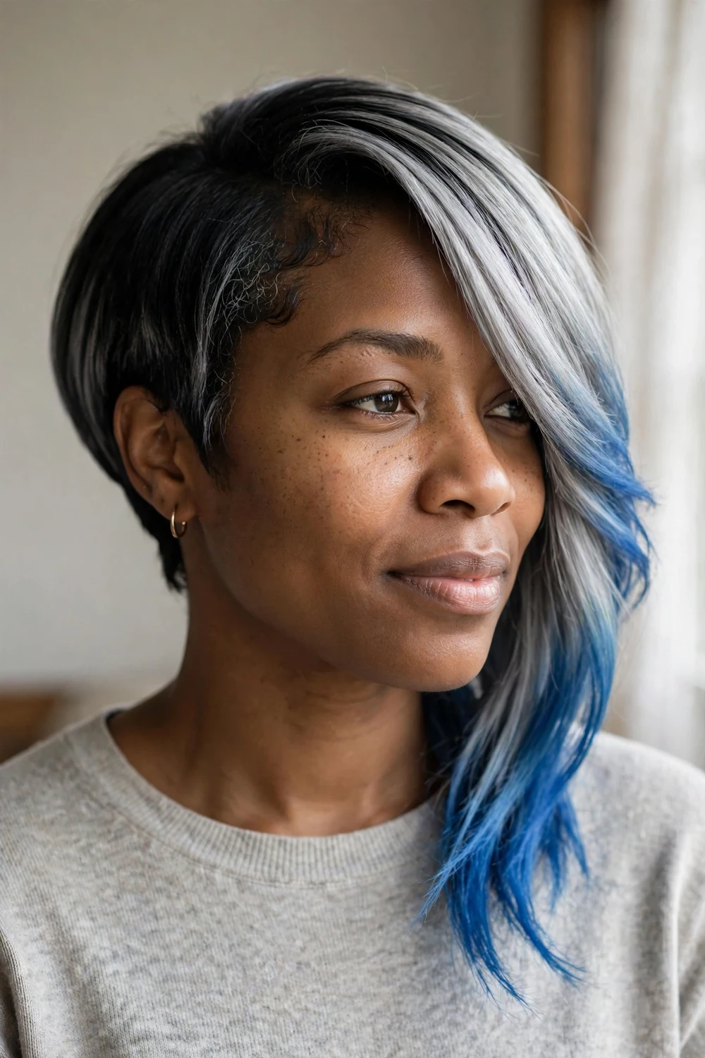 Black woman with tri-tone asymmetrical bob blending black, silver, and blue shades