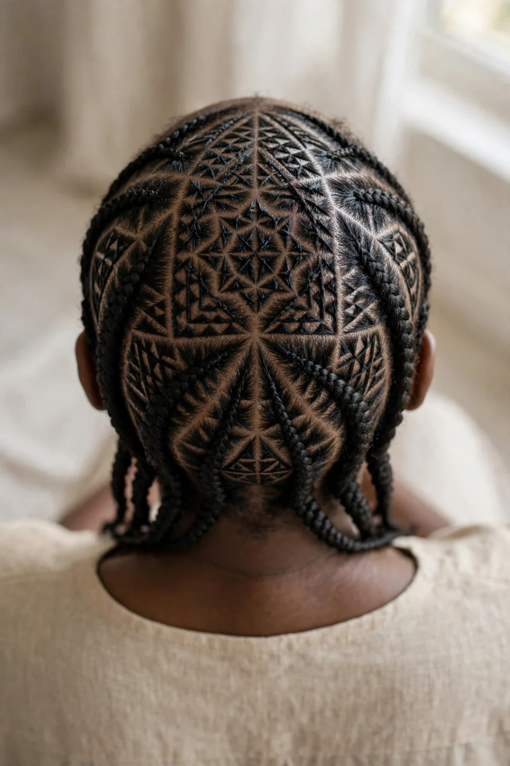 Tribal cornrows with geometric parting patterns