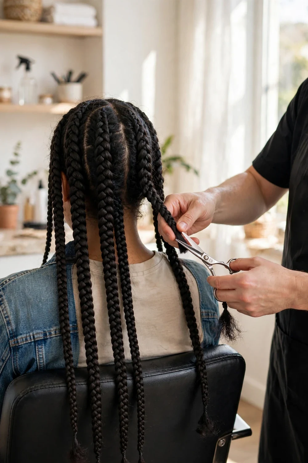 Stylist trimming inches off long braids to reduce scalp weight