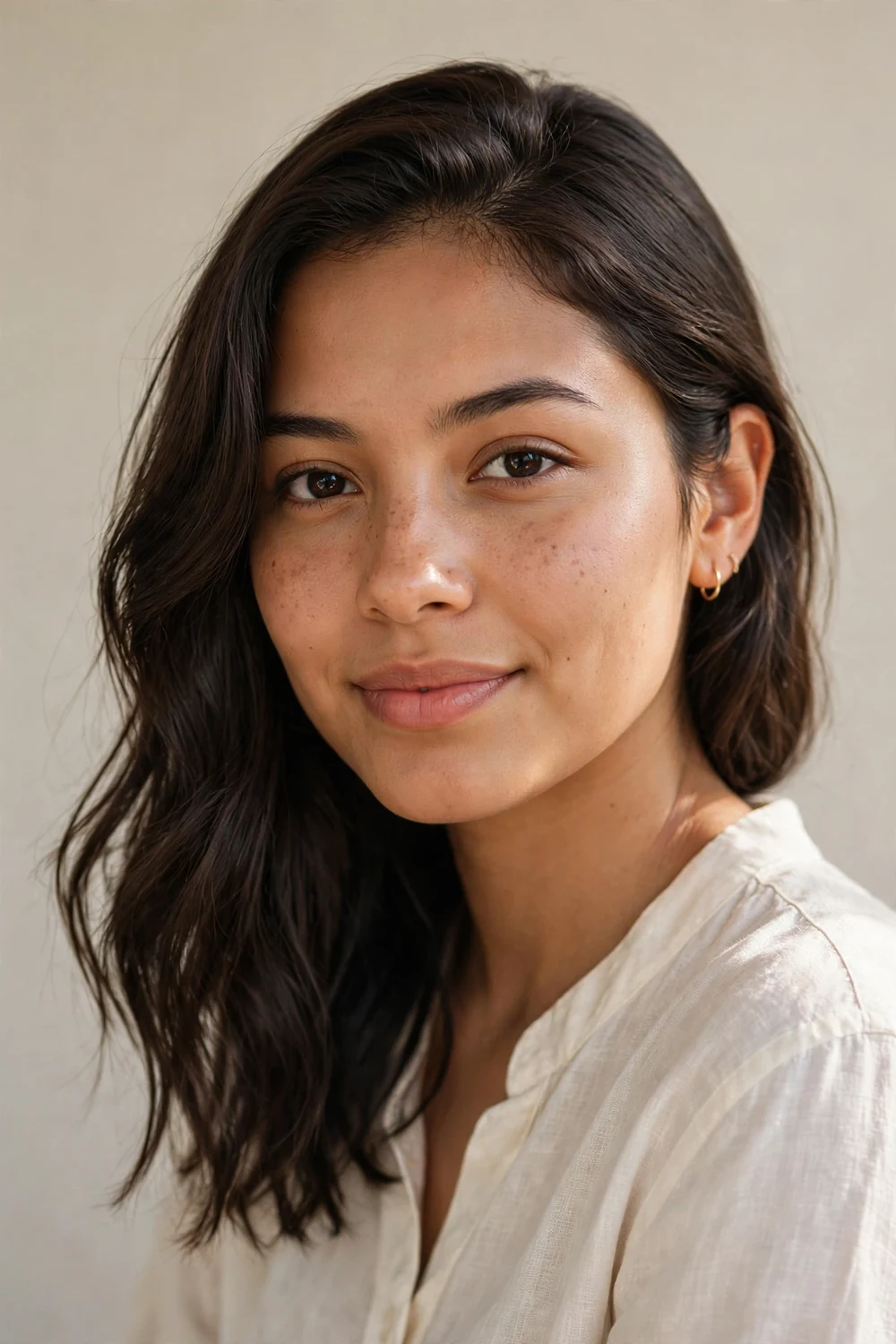 Latina woman with a dark brown lob with one side tucked behind her ear