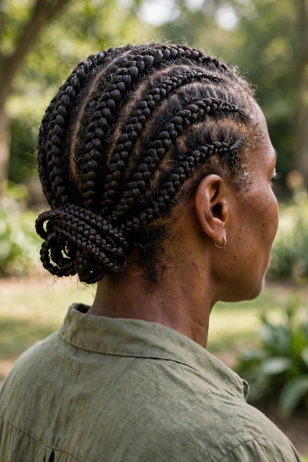 Woman with braided hair with the ends tucked away for protection