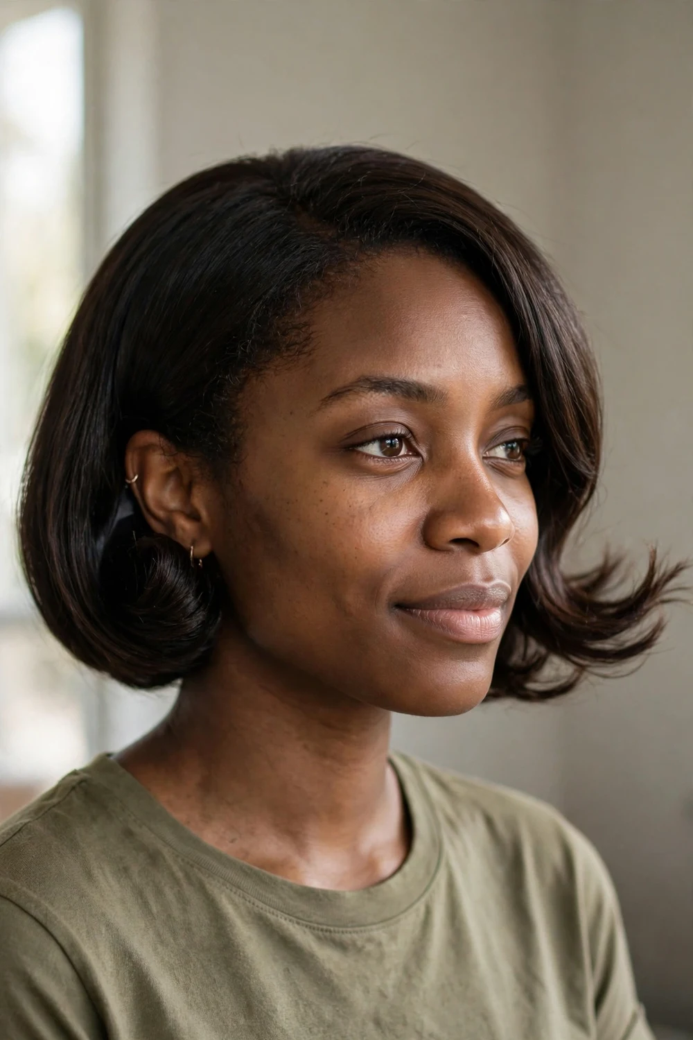 Black woman with asymmetrical bob, one side tucked behind the ear and flipped ends on the longer side