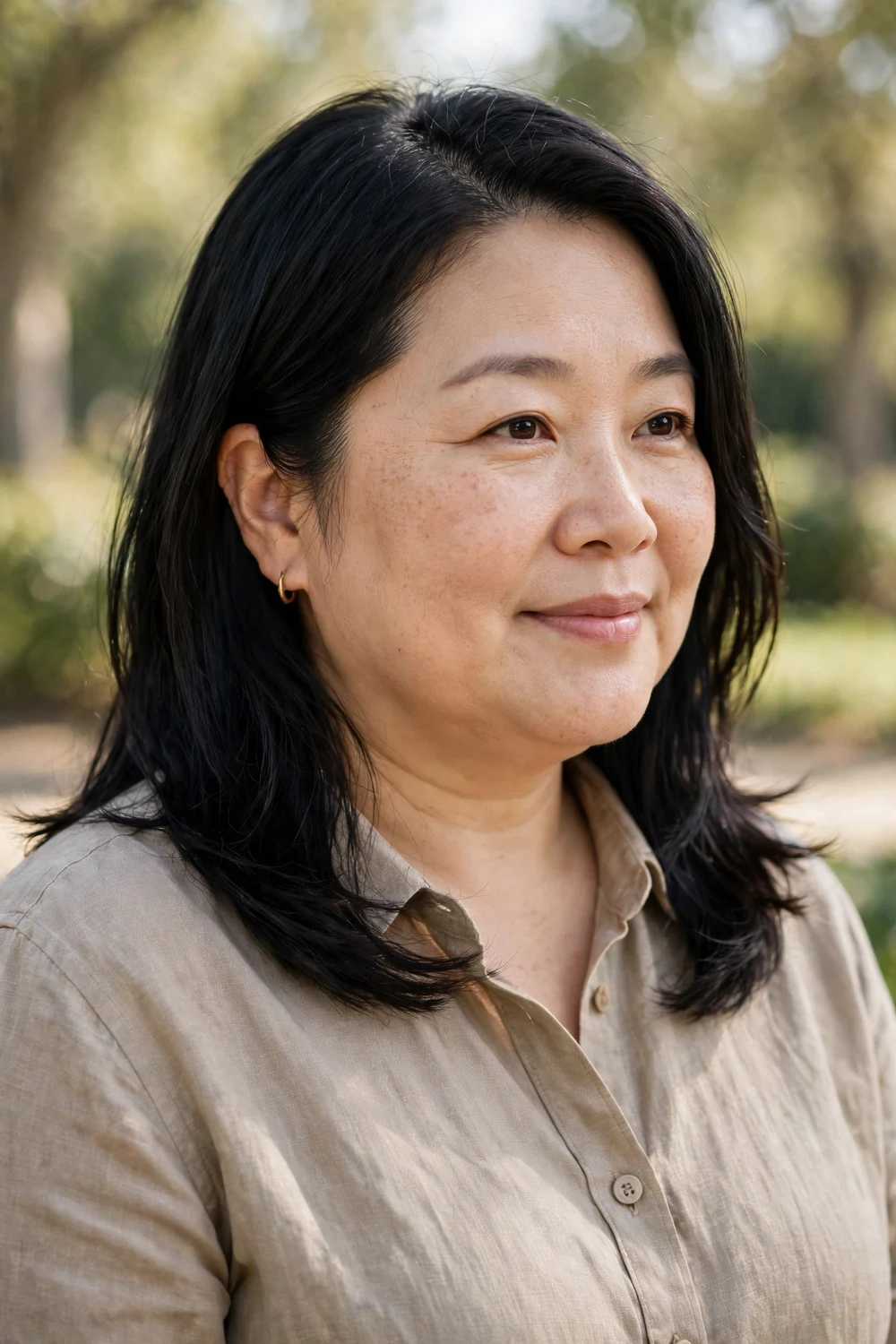 Plus-size East Asian woman in her mid 40s with mid-length hair, side part, one side tucked behind the ear