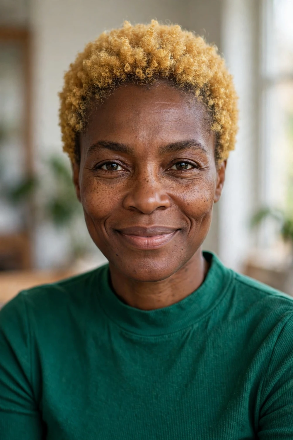 Black woman with blonde dyed TWA hairstyle