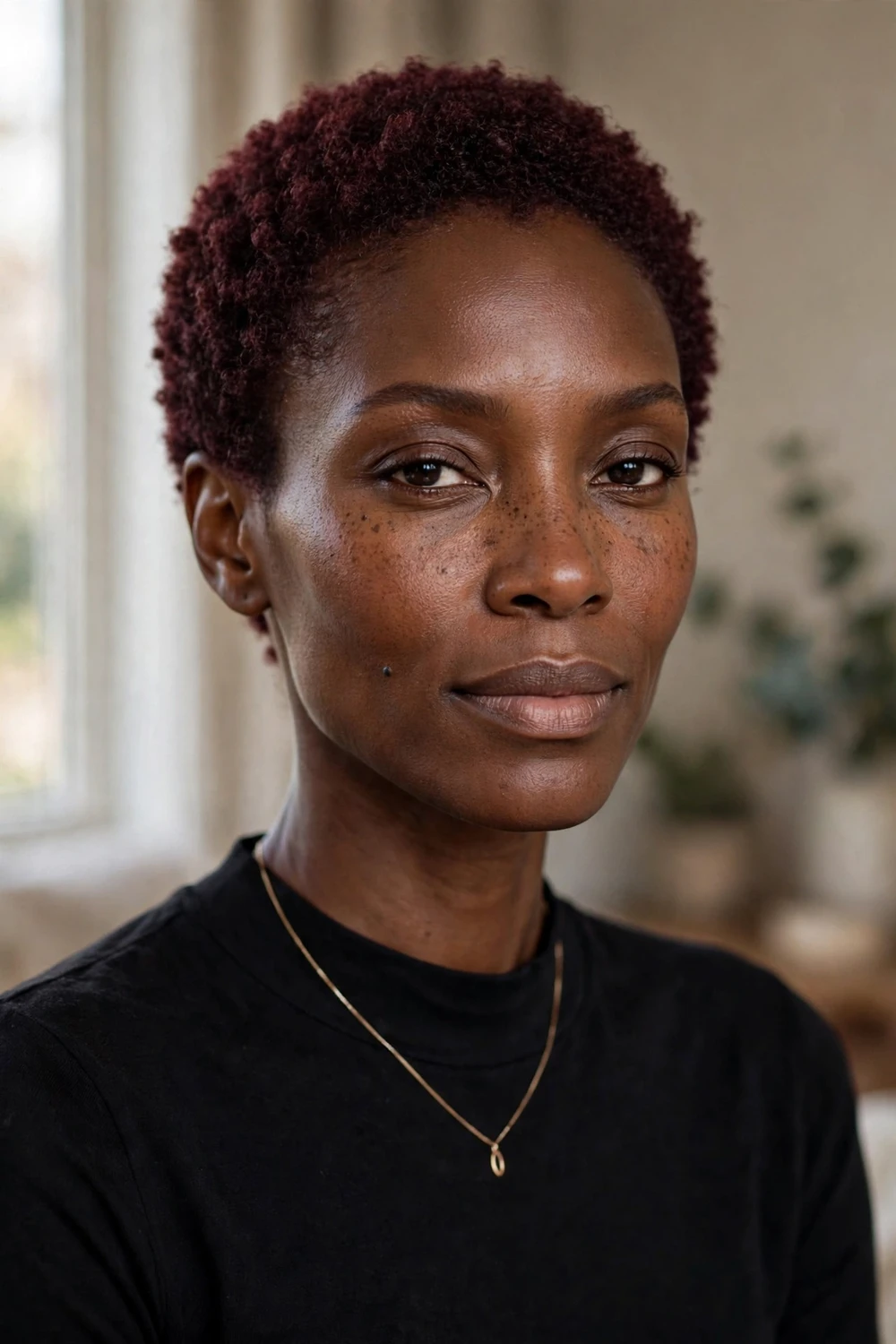 Black woman with burgundy wine colored TWA hairstyle