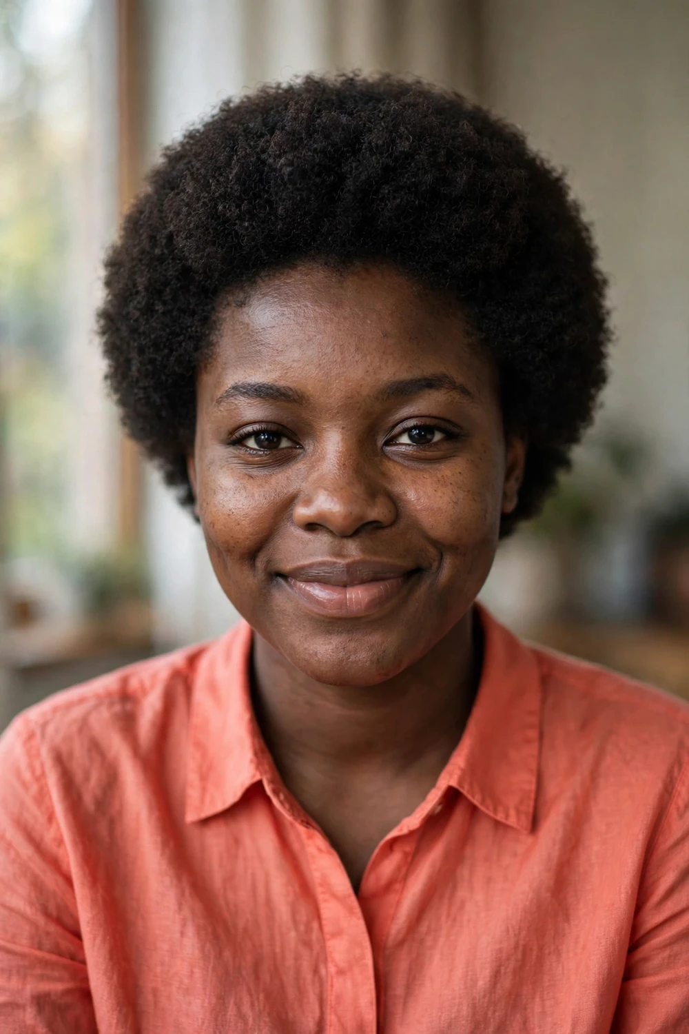 Black woman with a classic rounded teeny weeny afro hairstyle