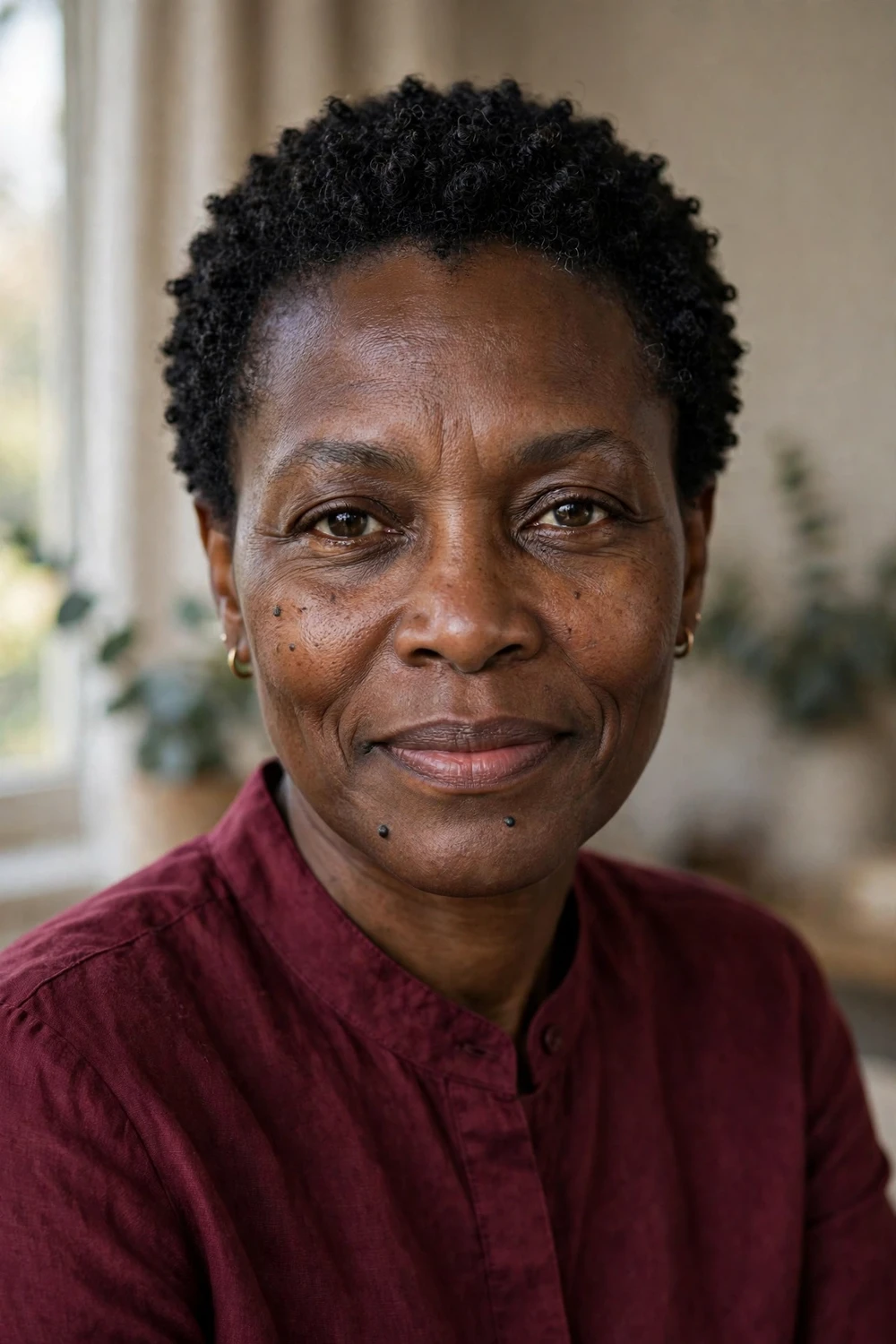 Black woman with tight coily TWA hairstyle
