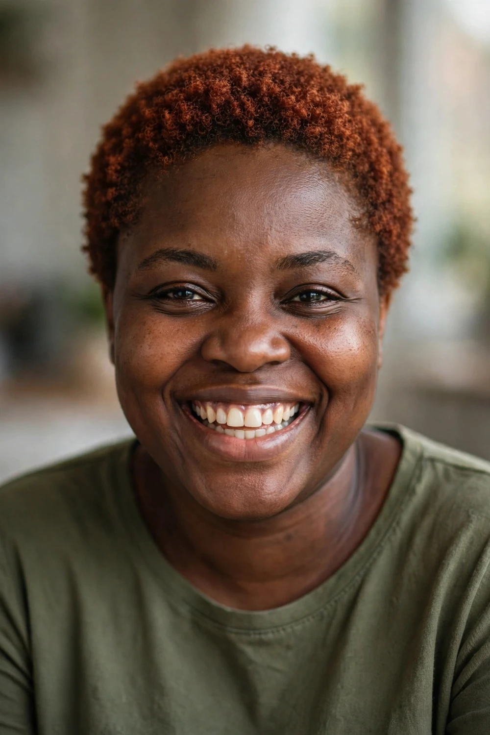 Black woman with copper colored TWA hairstyle