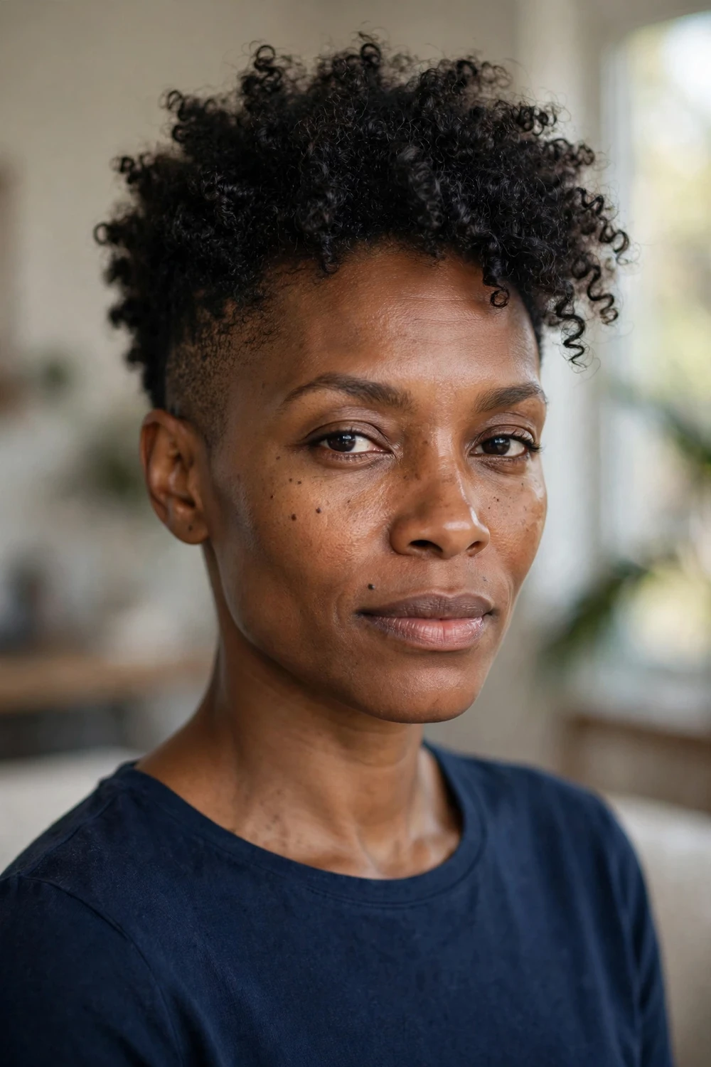 Black woman with curly TWA and faded sides