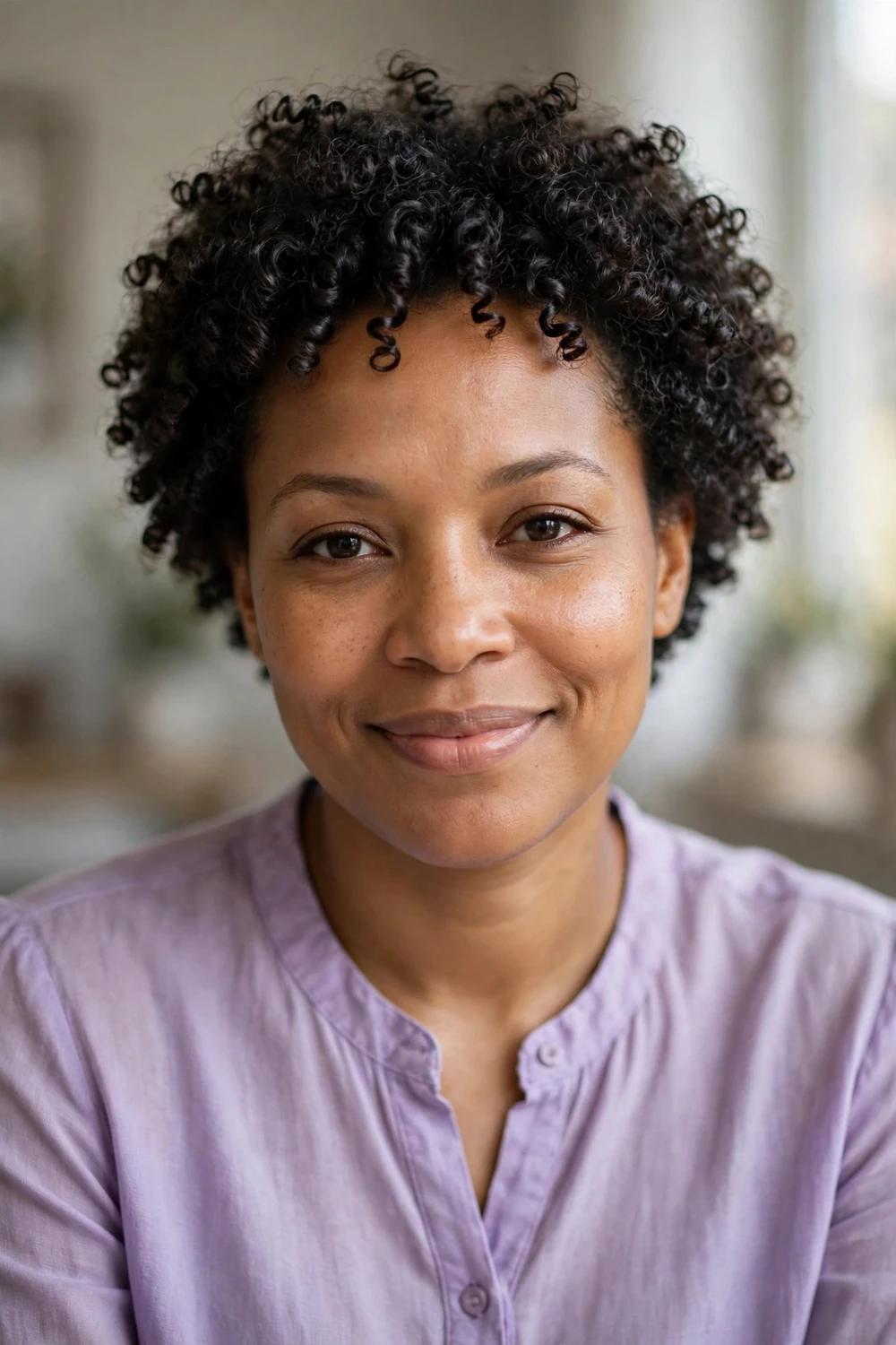 Black woman with defined curl TWA hairstyle