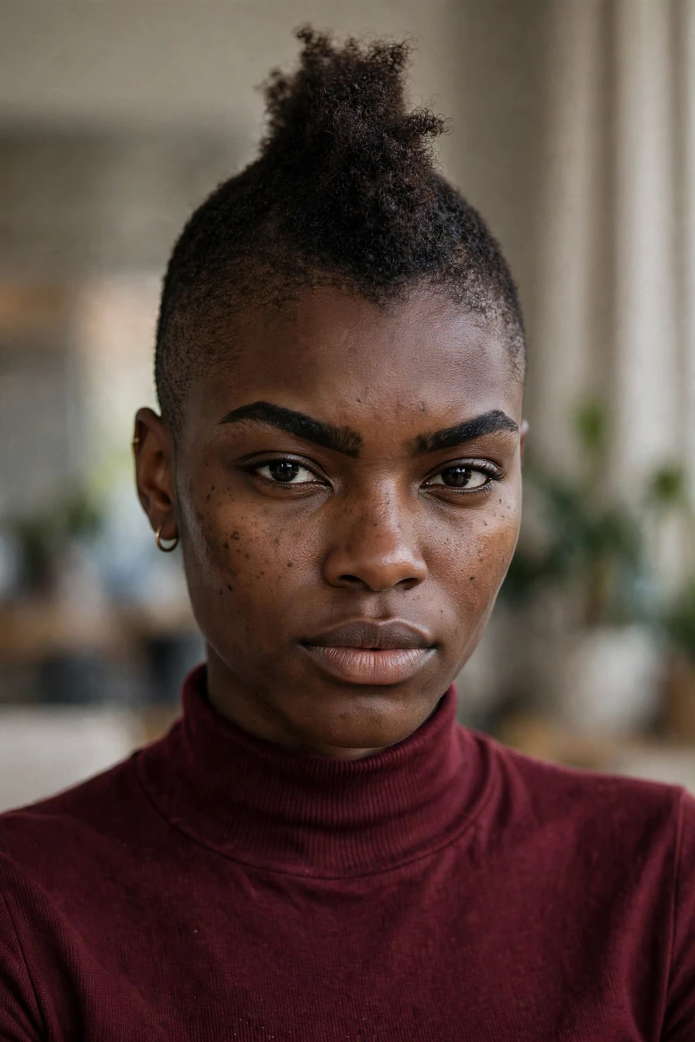Black woman with frohawk TWA hairstyle, shaved sides and coily center
