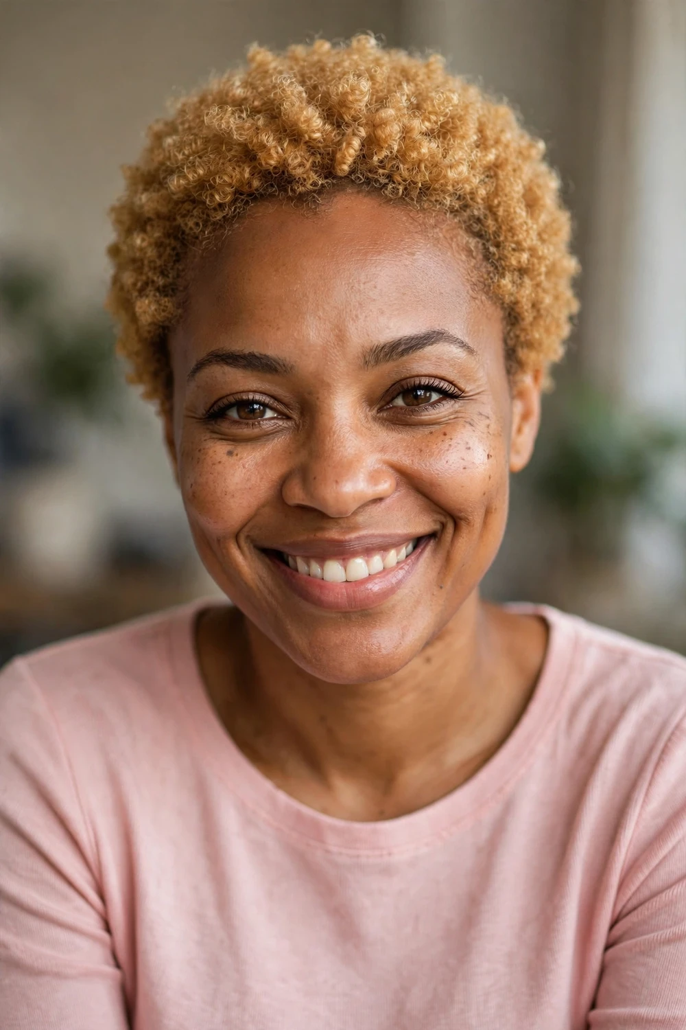 Black woman with honey blonde TWA hairstyle