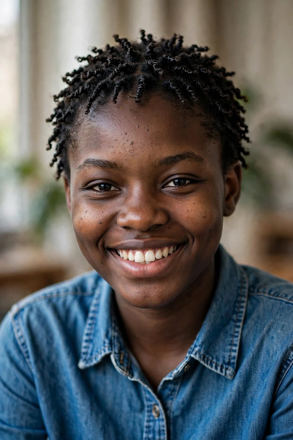 Black woman with mini twist TWA hairstyle