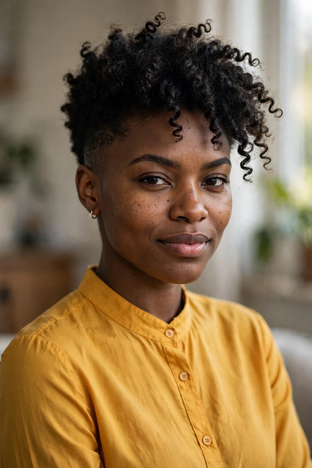Black woman with tapered TWA haircut, longer curls on top