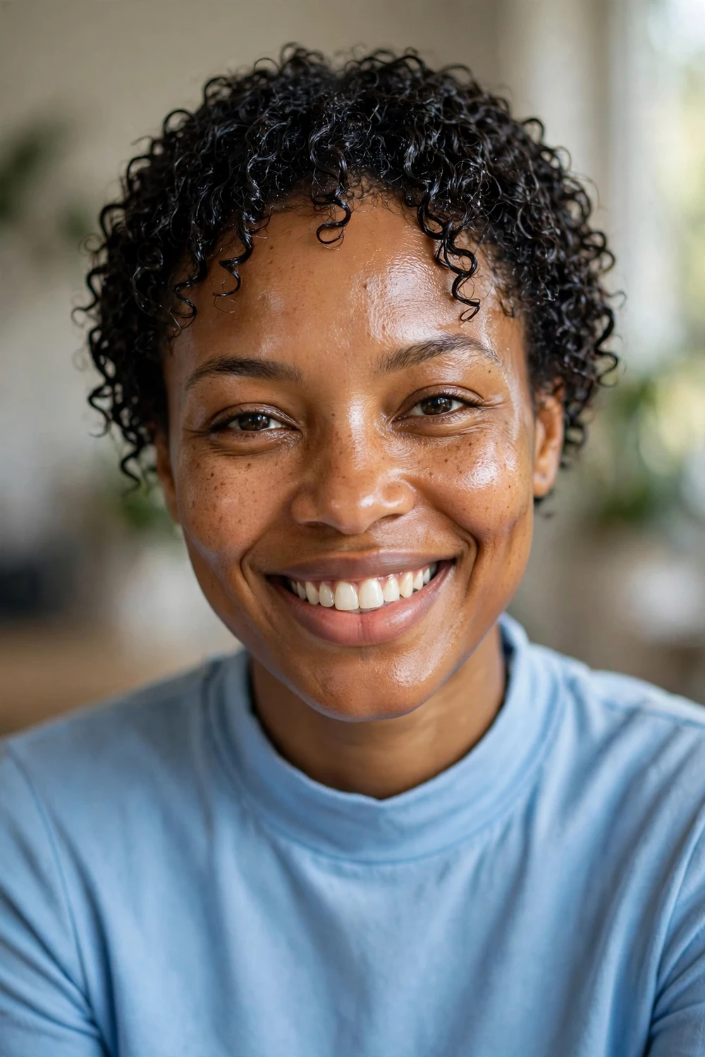 Black woman with wash and go defined TWA hairstyle