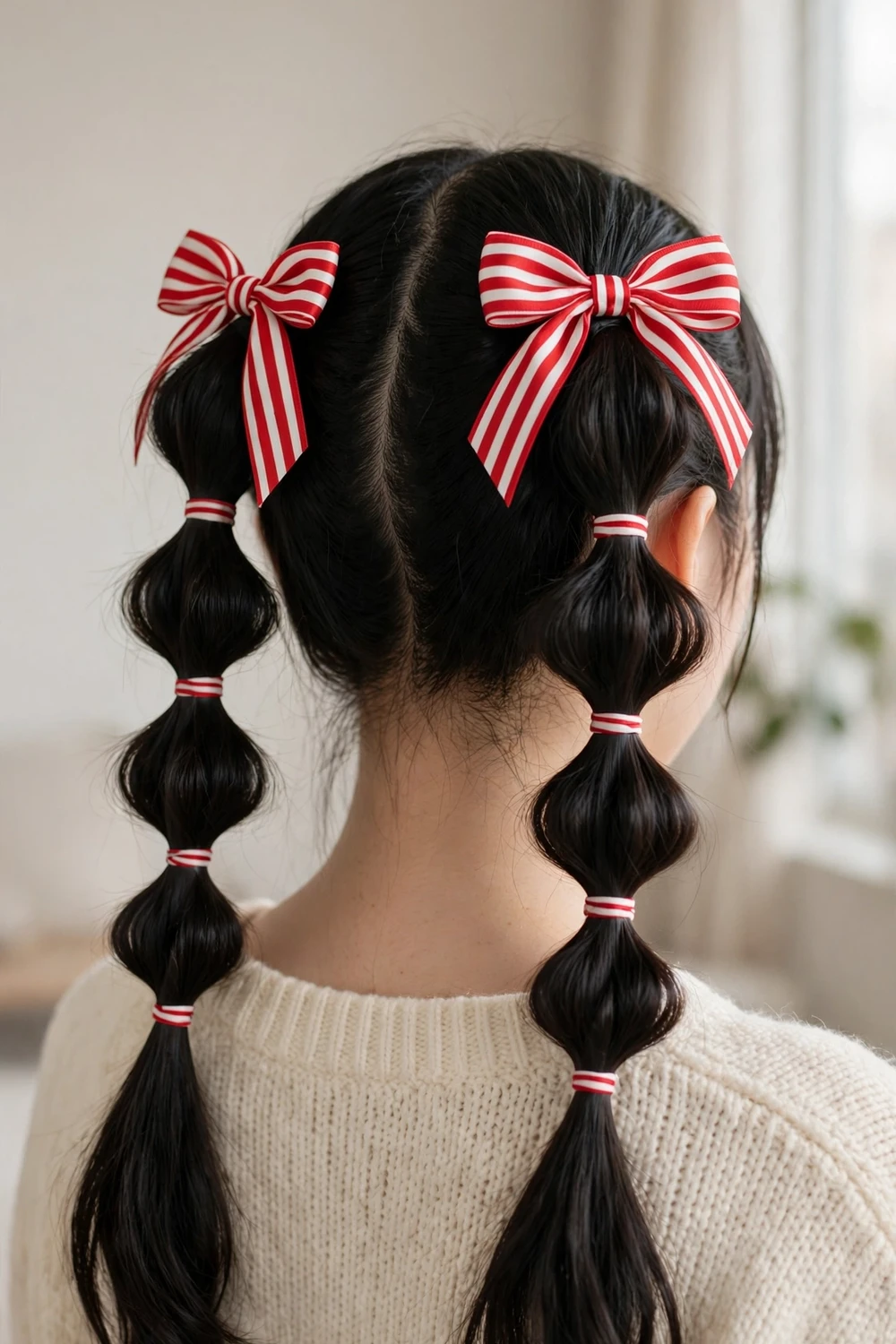 Twin bubble braids with red and white striped elastics and candy-striped bows