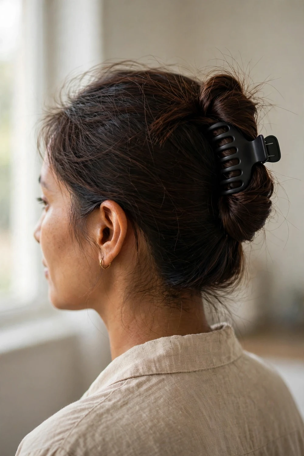 Twist and fold claw clip updo on thin fine dark brown hair