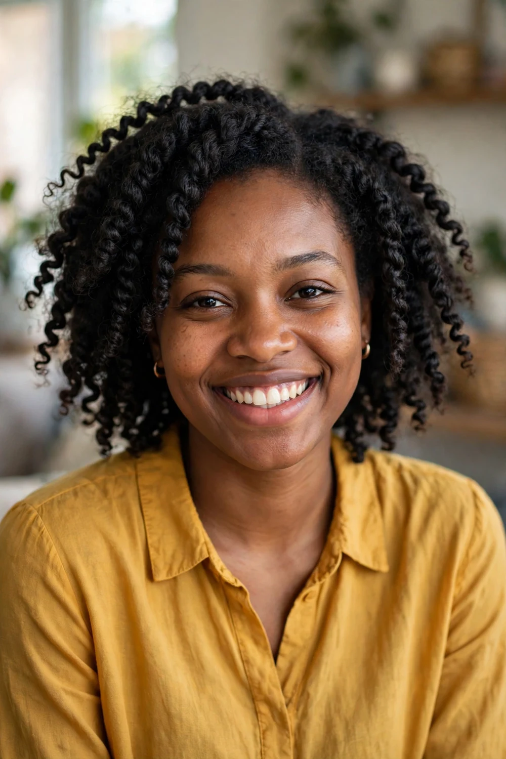 Woman with an oval face wearing stretched defined twist-out curls