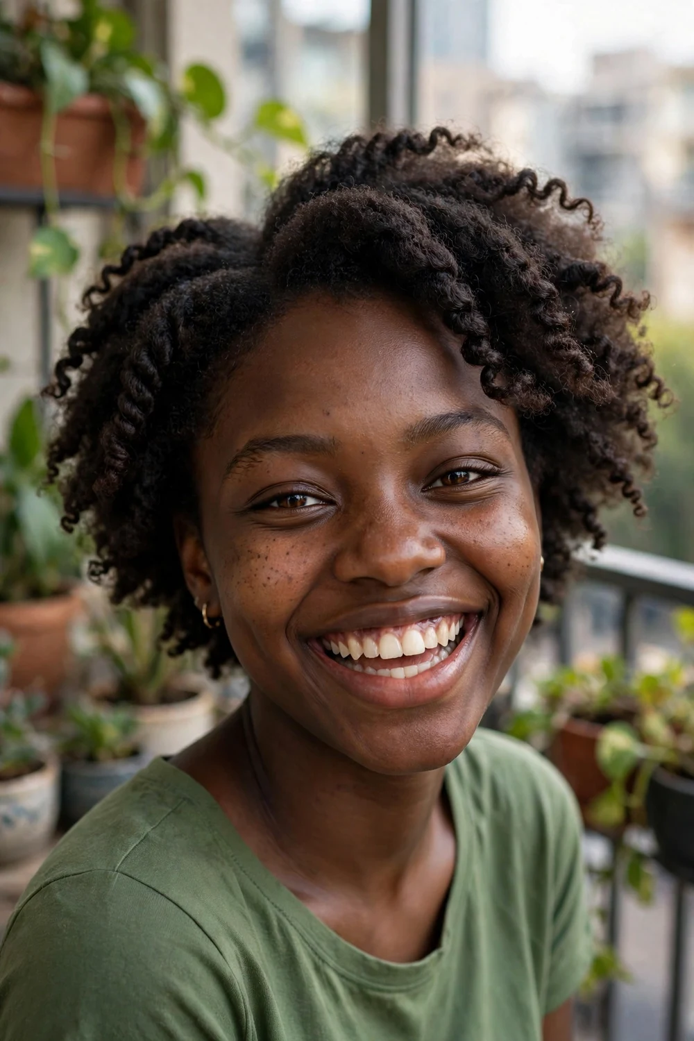 Black woman in her early 20s with a defined twist-out on short natural hair