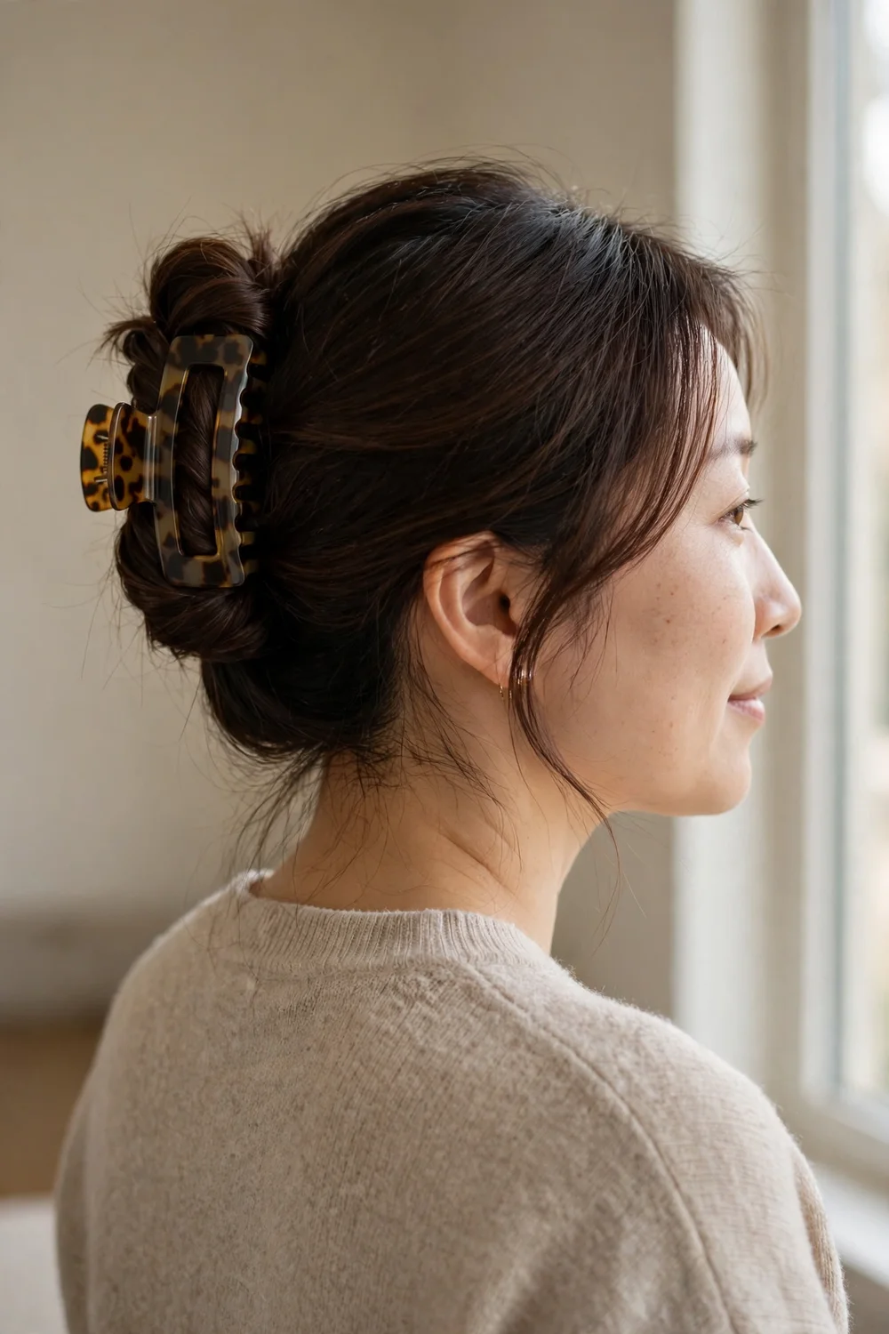 Woman with dark brown medium-length hair in a twisted claw clip updo
