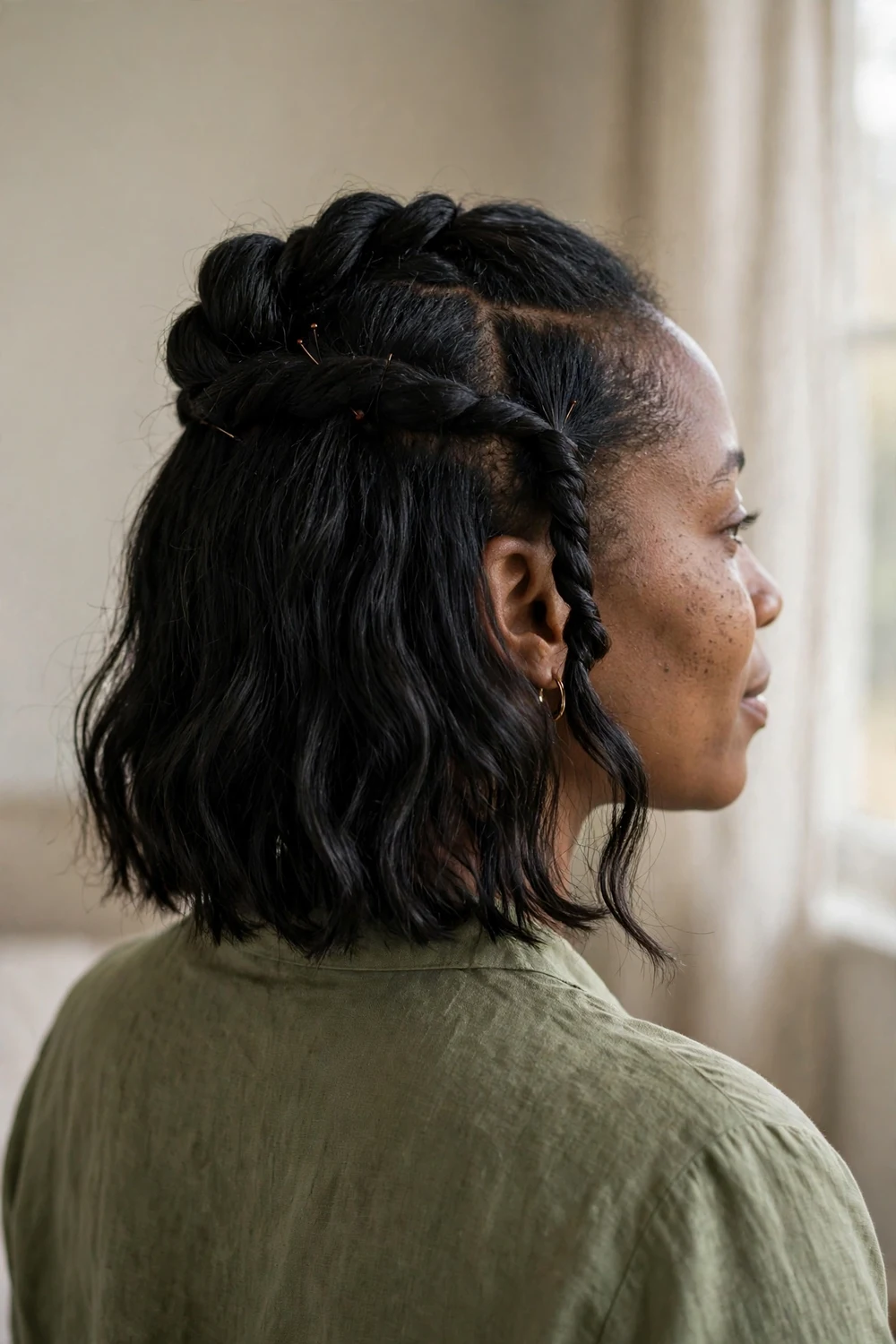 Twisted crown half-up with pinned sections on a chin length black bob
