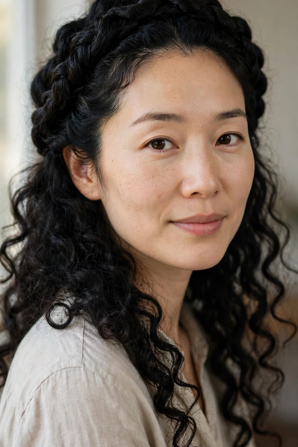 Woman with a twisted crown hairstyle on thick curly hair