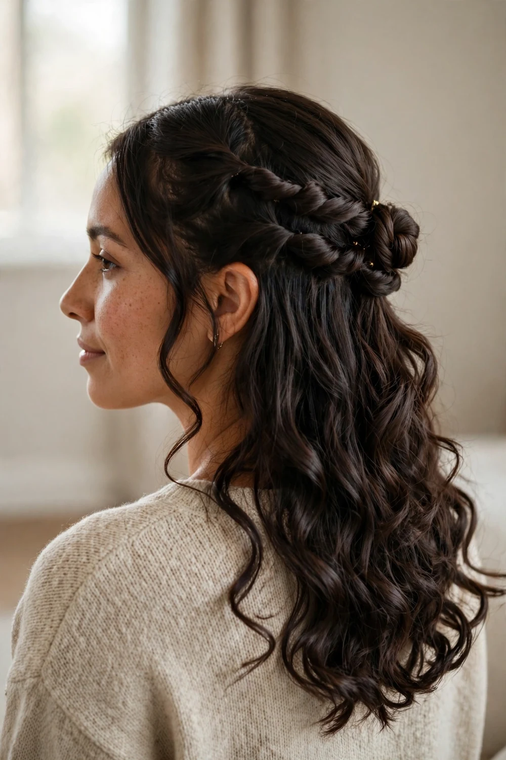 Woman with twisted half up hairstyle with curls for Christmas long hair
