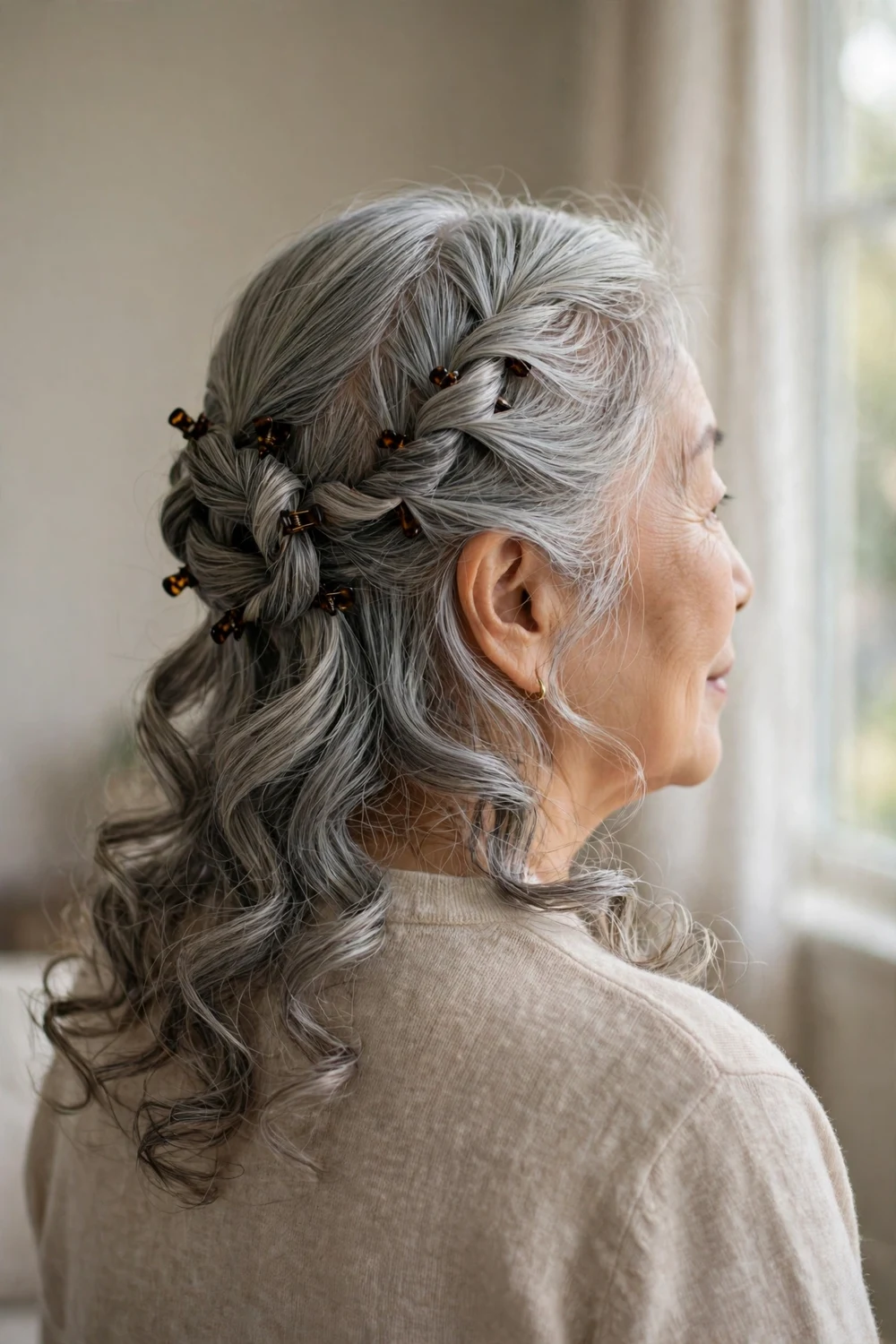Woman over 60 with twisted half-up curls