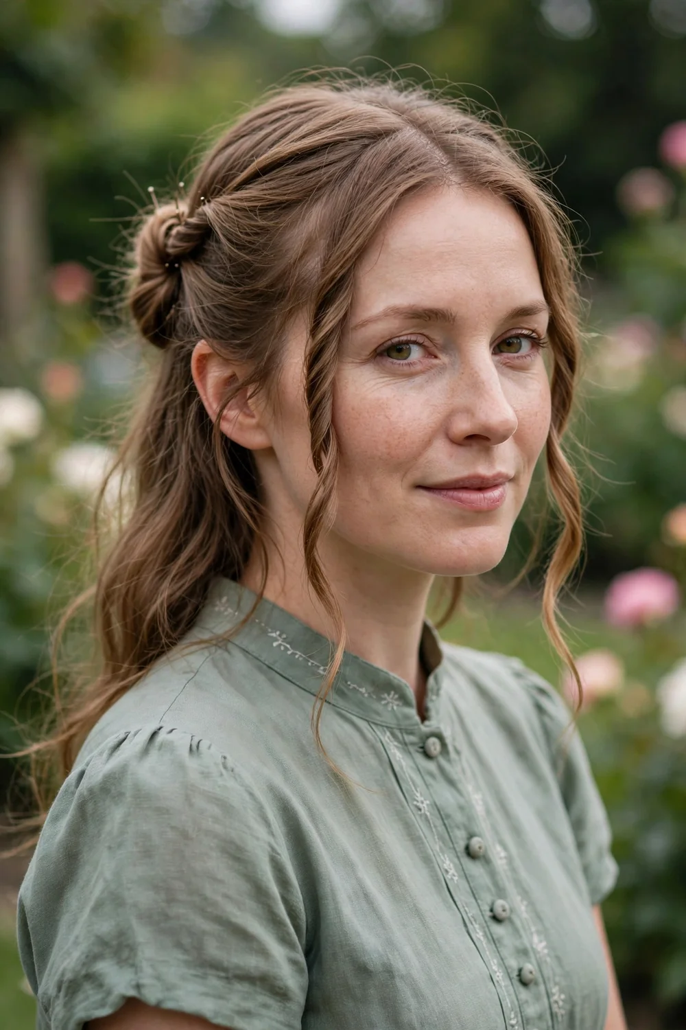 Woman with a twisted half-up hairstyle pinned at the back for thin hair