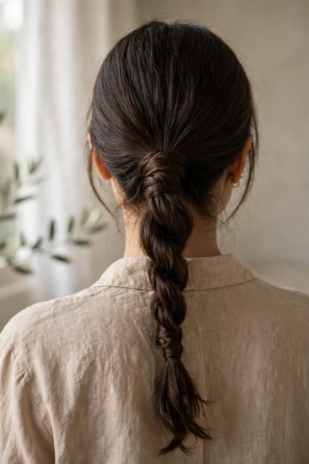 Woman with twisted low ponytail for Christmas long hair