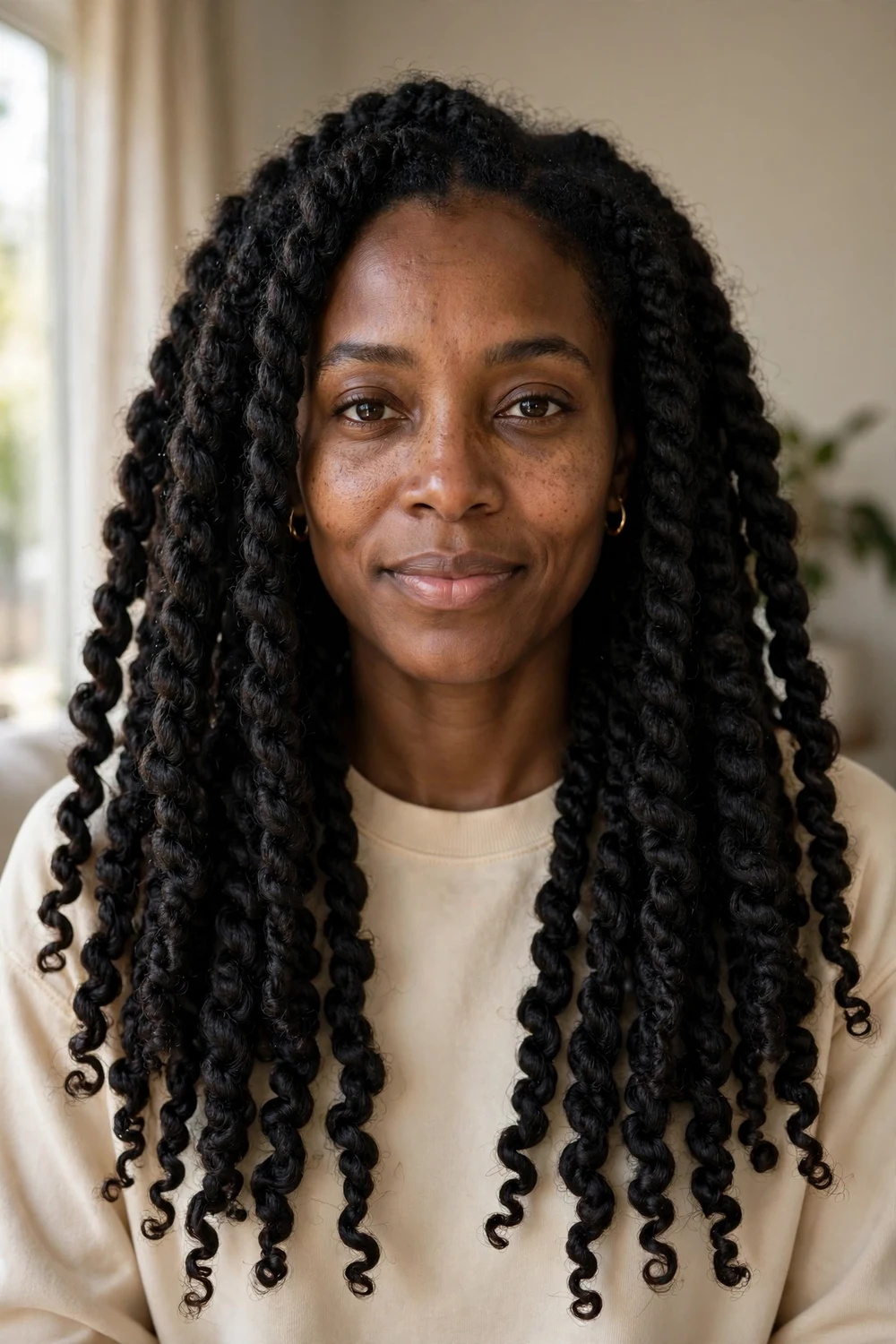 Bouncy two-strand Marley twists worn open past the shoulders